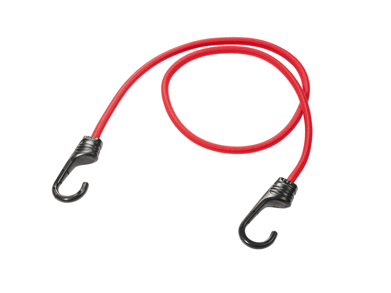 Red bungee cord with black plastic hooks.