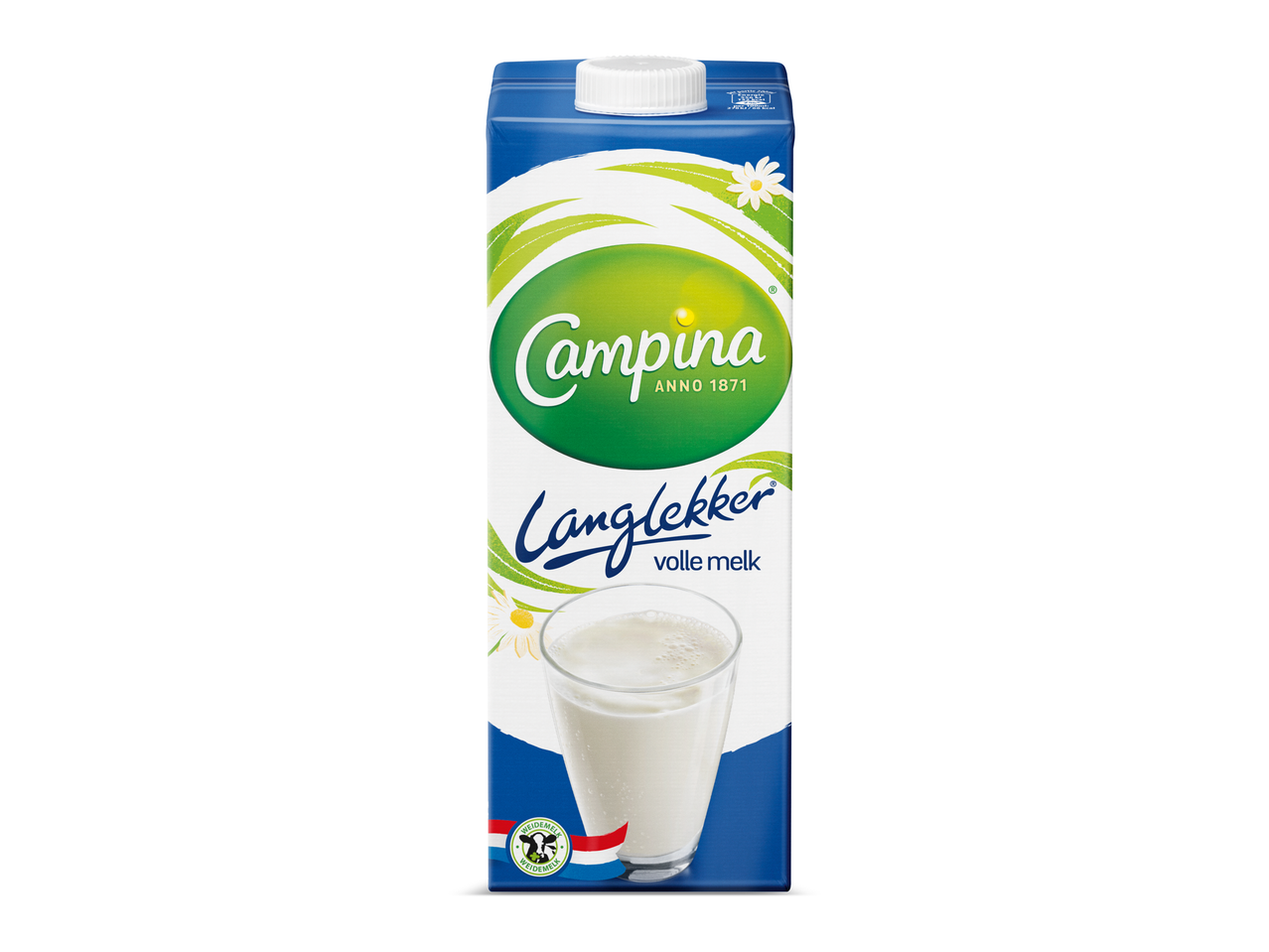 Melkpak met een glas melk, groene en witte accenten en de tekst 'LangLekker volle melk'.