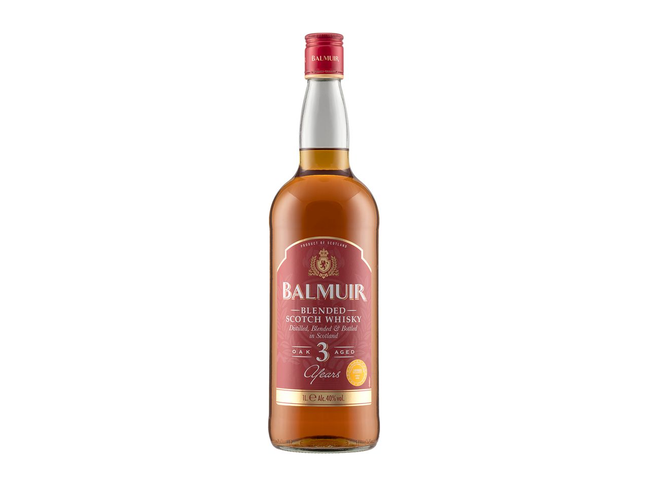 Balmuir 3 year old blended Scotch whisky bottle.