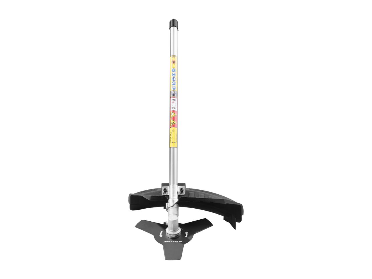 A silver and black grass trimmer with a three-pronged blade and safety warnings.