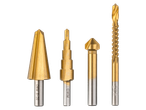 Four gold-colored drill bits, including a countersink, step drill, center drill, and a twist drill, are shown against a black background.