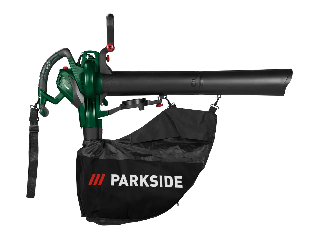 Зелен и черен електрически листосъбирач Parkside с торба за събиране.