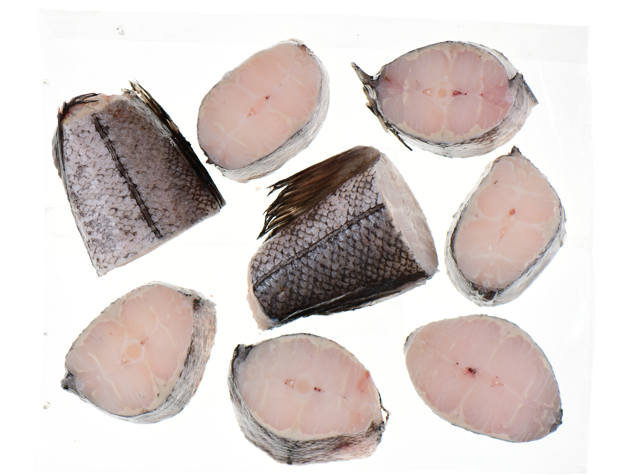 Postas de peixe fresco com pele e carne rosada, dispostas sobre um fundo branco.