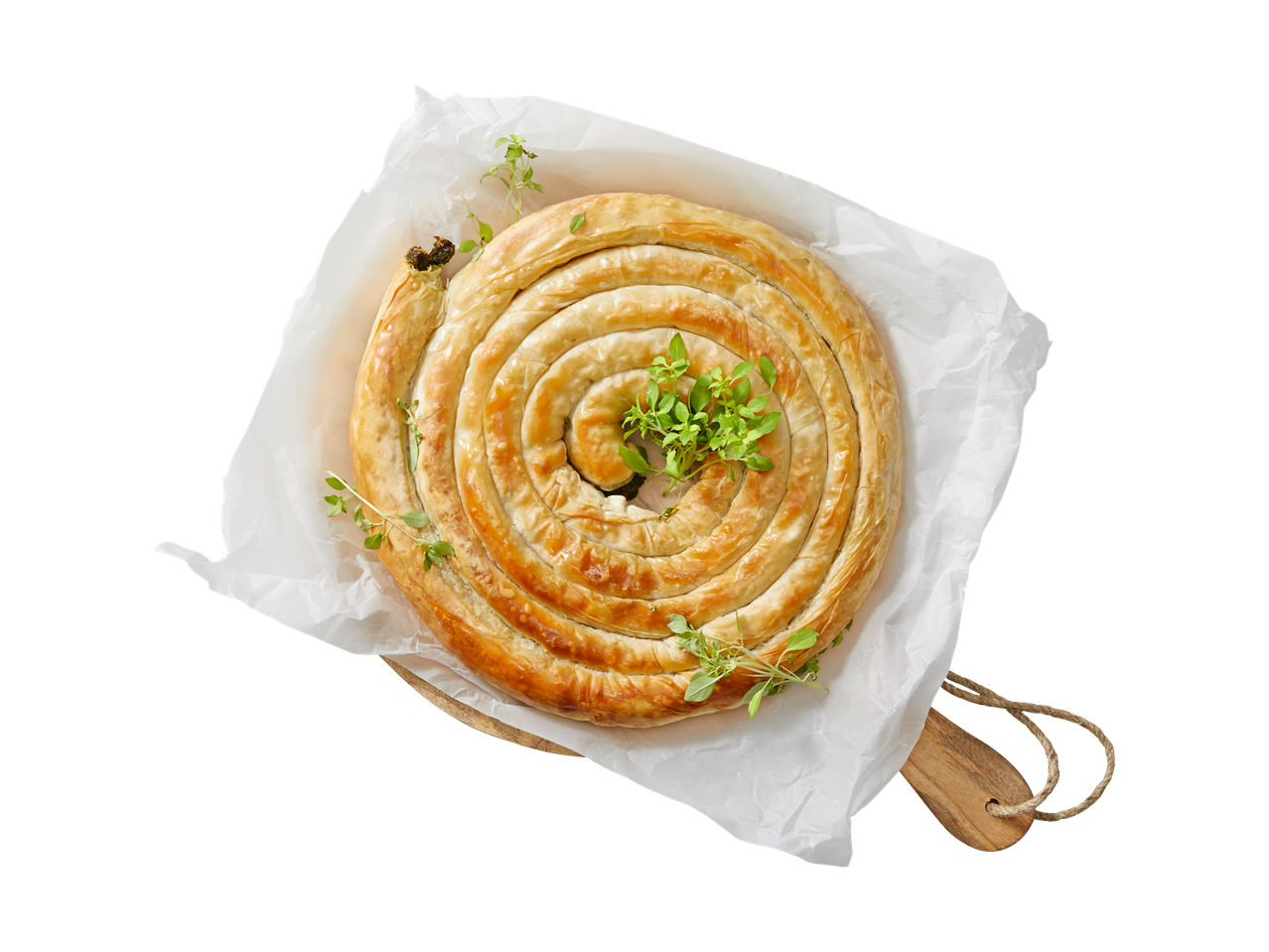 Spirale taart van filodeeg met groene vulling.