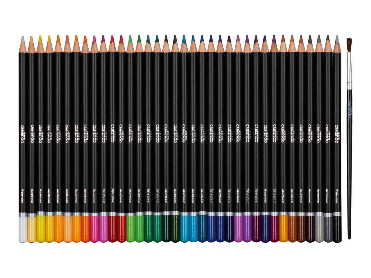 A set of 36 black watercolor pencils and one paintbrush, arranged in a row.