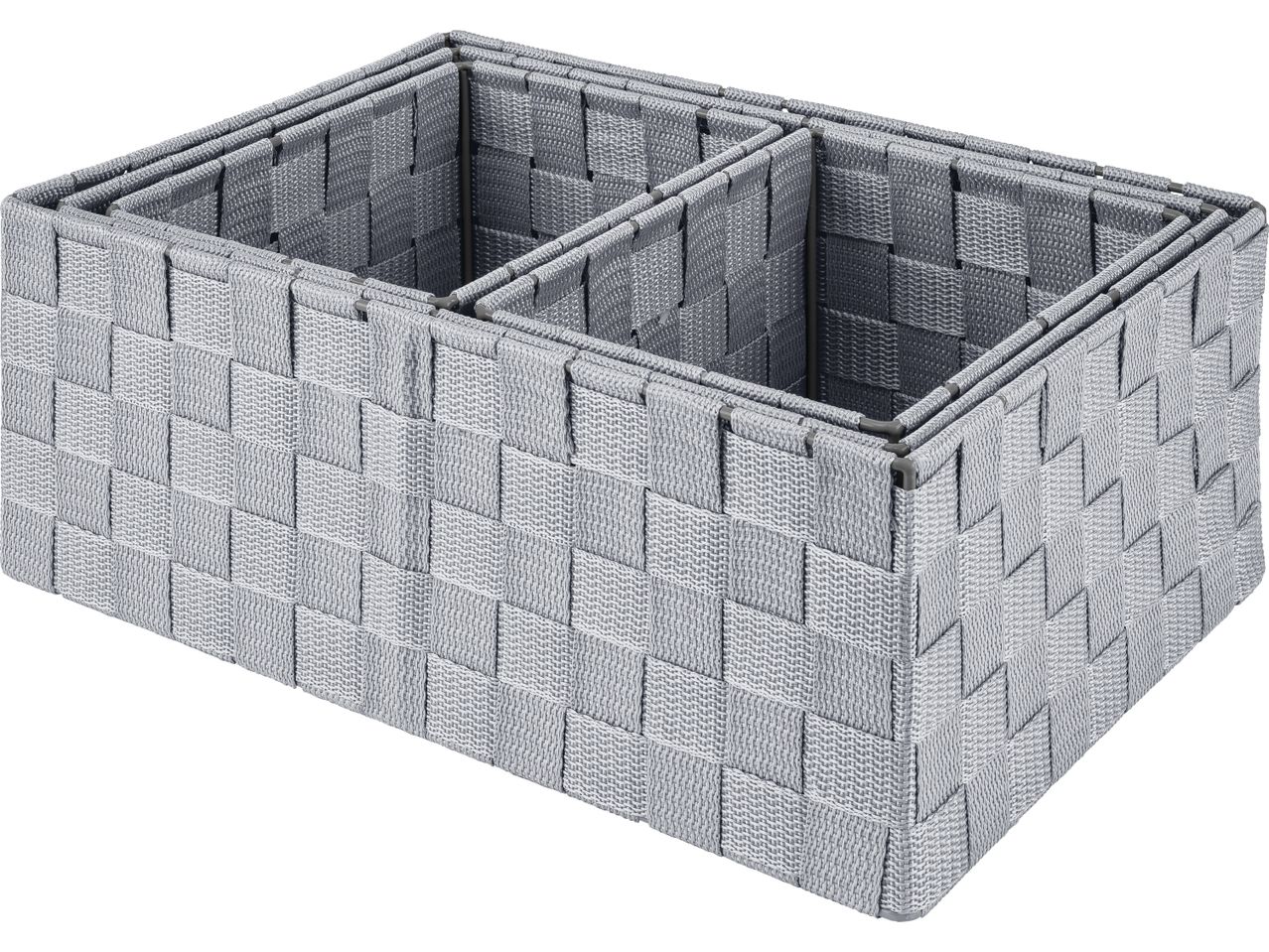 Set of four gray fabric storage bins with a woven pattern.