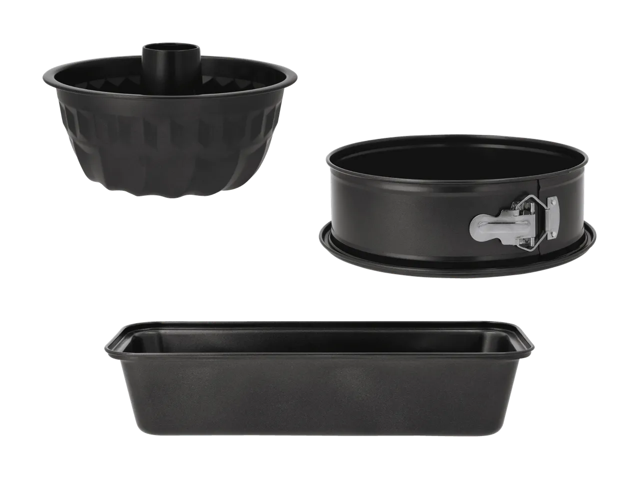 Ein Set aus drei schwarzen Backformen: eine Gugelhupfform, eine Springform und eine Kastenform.