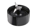 Black blender blade attachment with four sharp, silver blades on a white background.