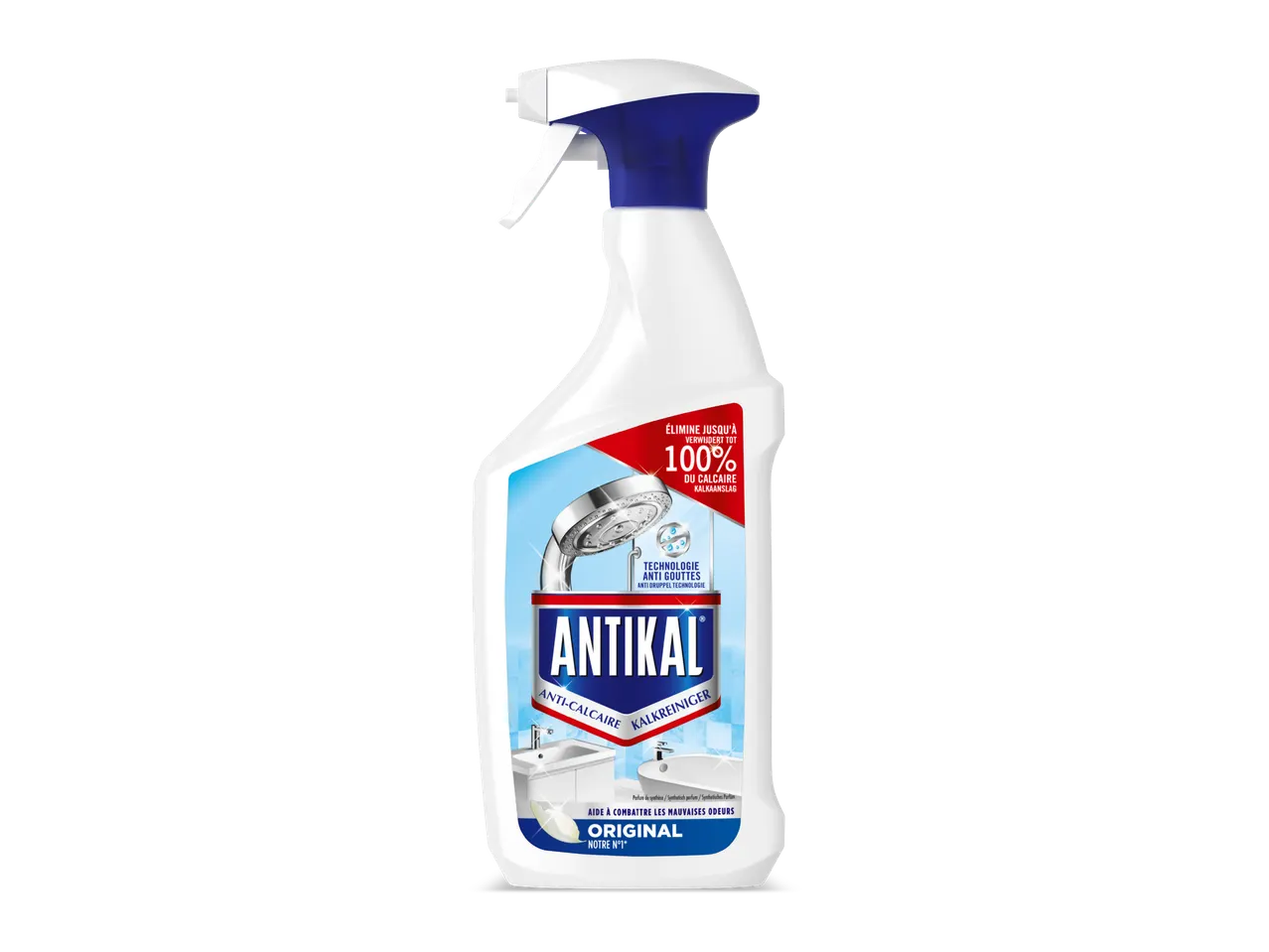 Fles antikalkreiniger met sproeikop, verwijdert tot 100% kalkaanslag en bestrijdt nare geurtjes.