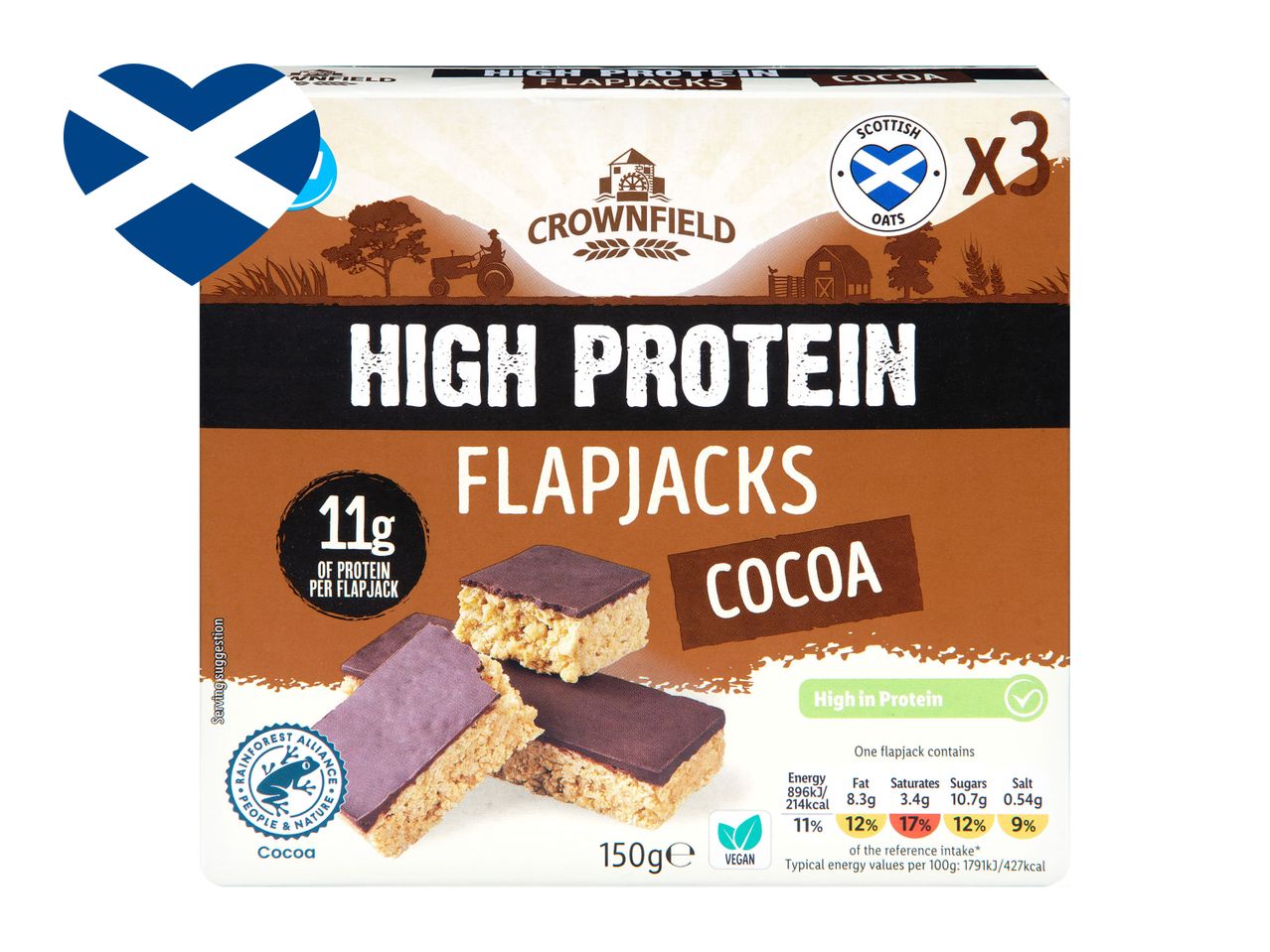 Crownfield high-protein Flapjacks, cocoa flavour.