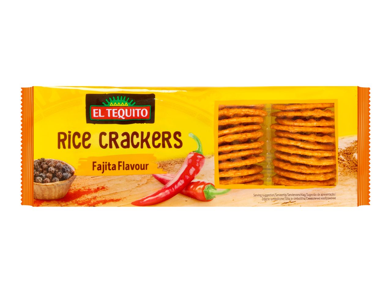 Rice crackers with fajita flavor, featuring chili peppers and black peppercorns.