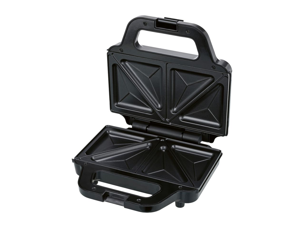 Open black sandwich maker with triangular cooking plates