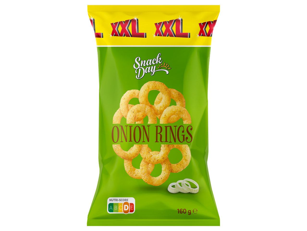 Sachet de chips aux oignons XXL avec Nutri-Score D, 160g.