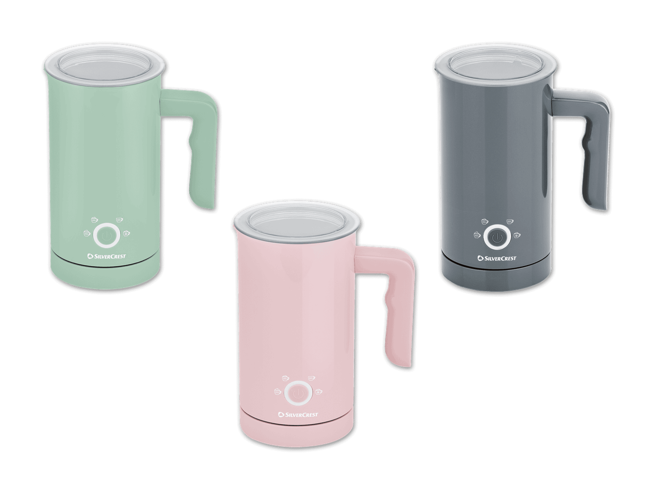 Drei SilverCrest Milchaufschäumer in Mint, Grau und Rosa.