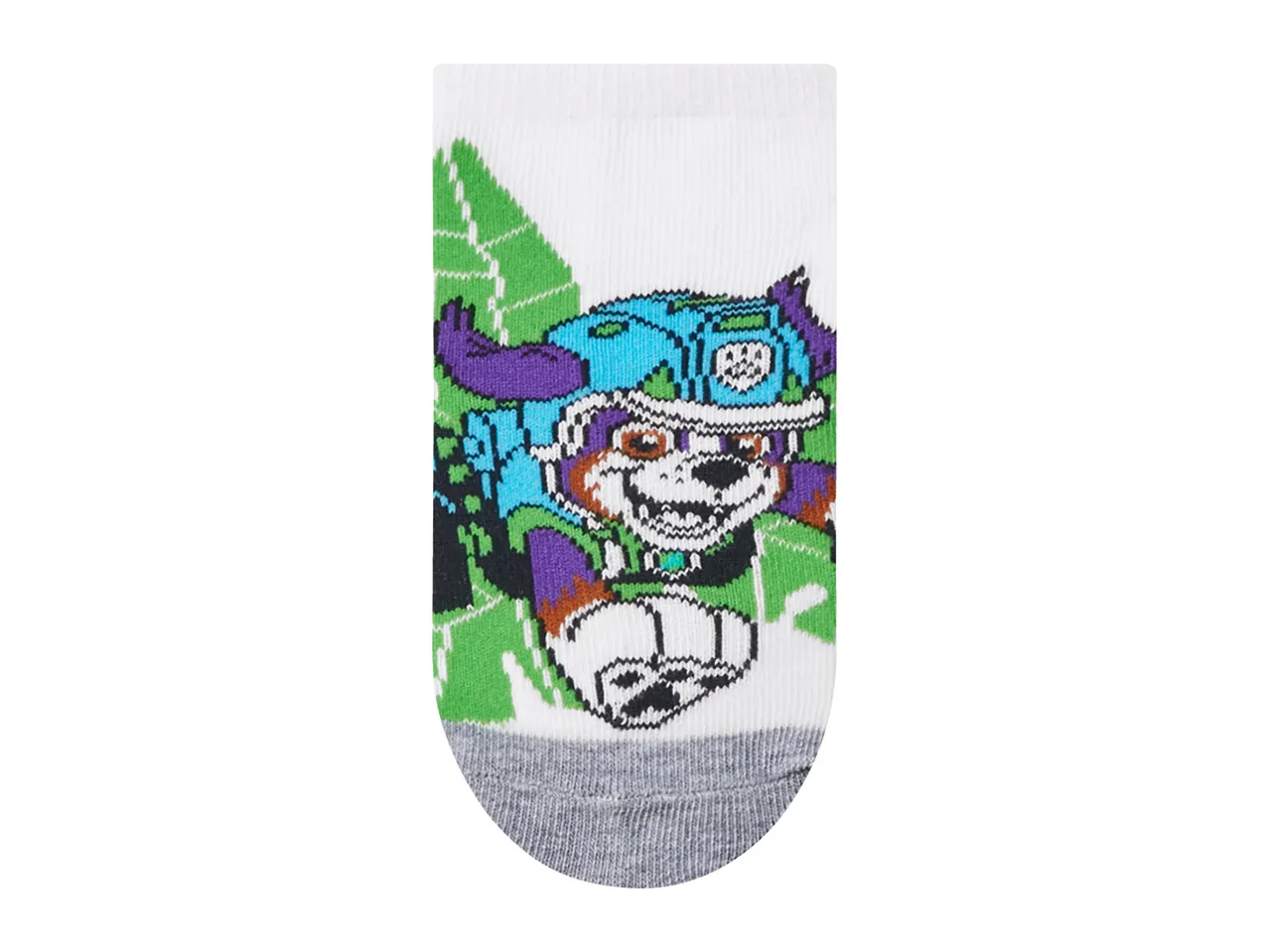 White children's sock with a cartoon dog wearing a blue and purple outfit, playing football.