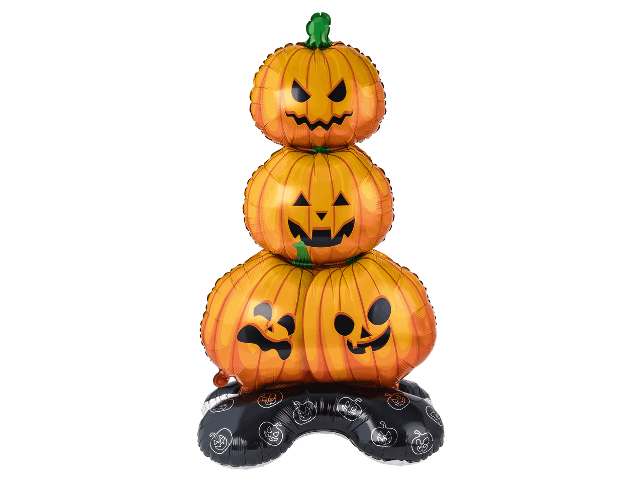 Egymásra rakott tökök formájú, felfújható halloweeni dekoráció fekete alapon.