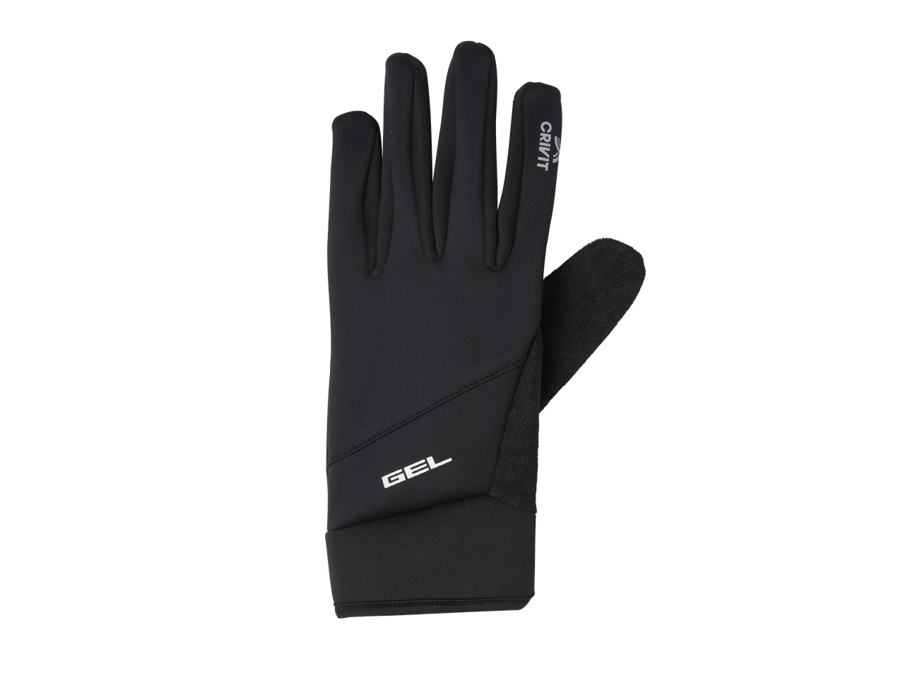 Black sports glove with 'GEL' and 'CRIVIT' text, featuring a textured palm area.