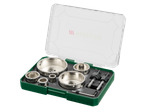 Parkside Bi-Metal Hole Saw Set with various sizes of hole saws and accessories in a green case.