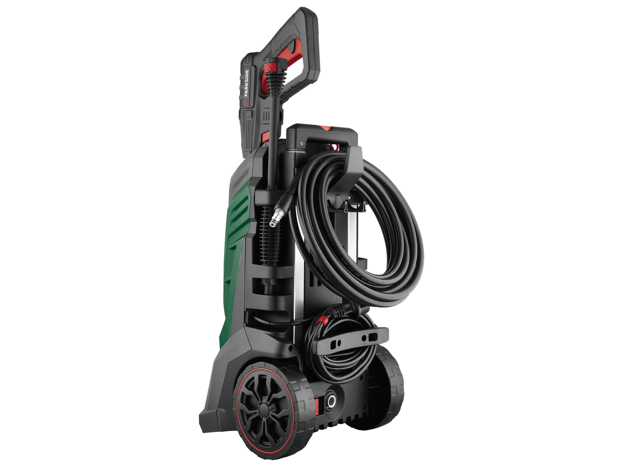 PARKSIDE perač pod visokim pritiskom sa crevom i točkovima, u zelenoj i crnoj boji.