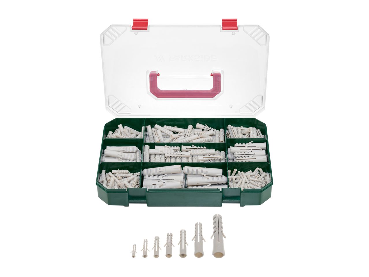 A plastic organizer box filled with various sizes of wall plugs, with some plugs displayed below.