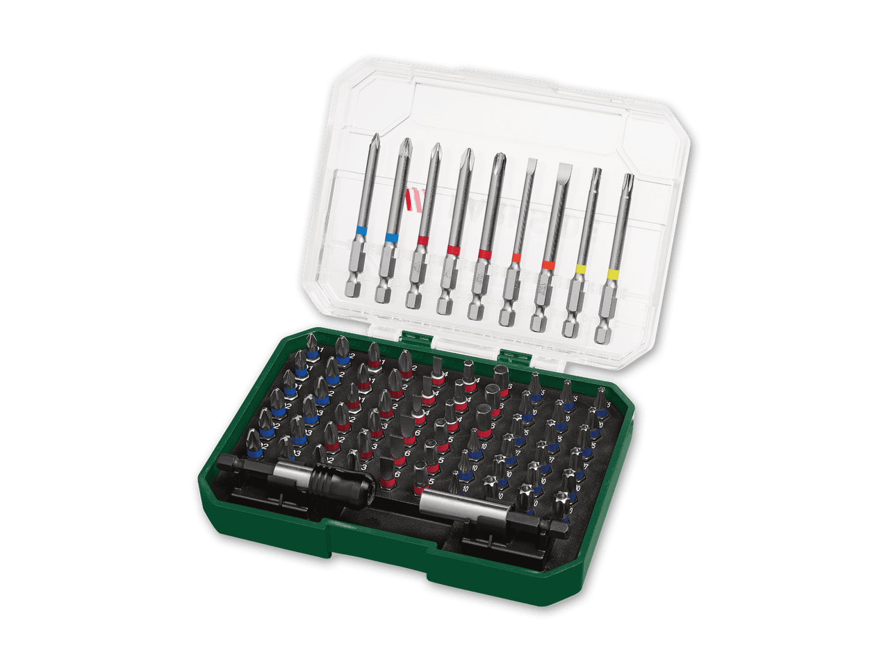 Schraubendreher-Bit-Set mit verschiedenen Bits und Verlängerungen in einer grünen Box.