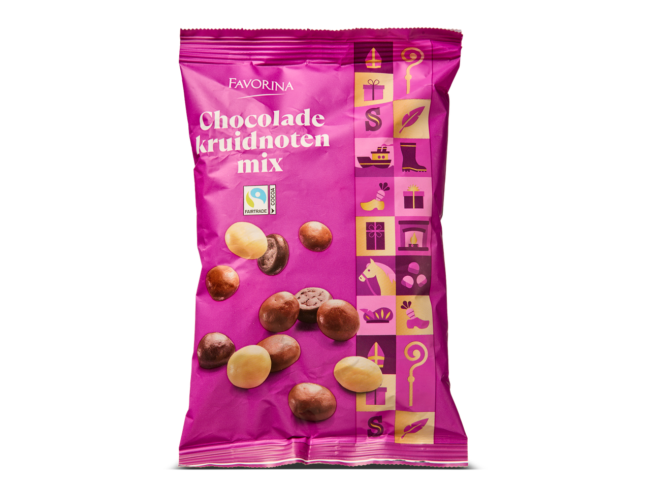 Zak chocolade kruidnotenmix met Fairtrade-logo en Sinterklaas-thema-illustraties.
