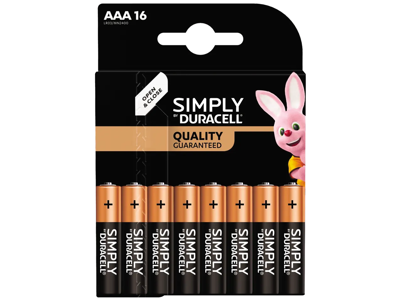 Paquet de 16 piles AAA avec un lapin rose et le texte 'QUALITÉ GARANTIE'.