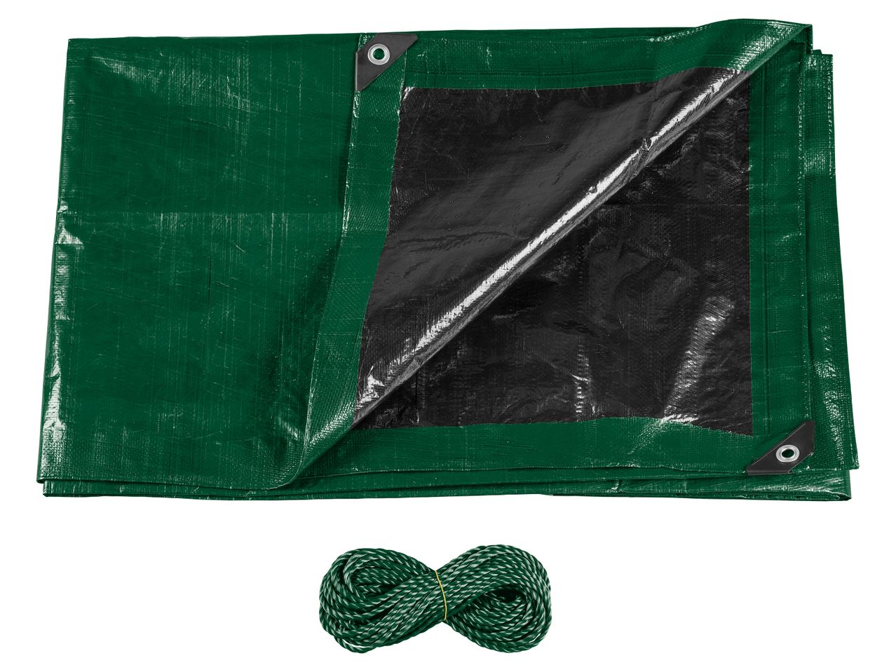 Green and black tarp with a coiled green rope.