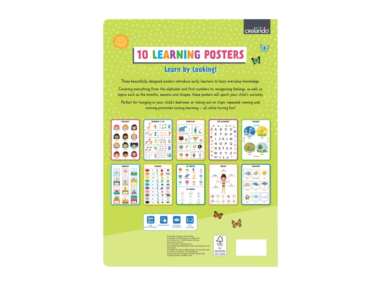 Educational posters for children featuring feelings, numbers, opposites, alphabet, seasons, months, colors, 2D/3D shapes, senses, and weather.