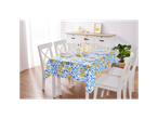 Lemon tablecloth and white chairs in a Mediterranean style.