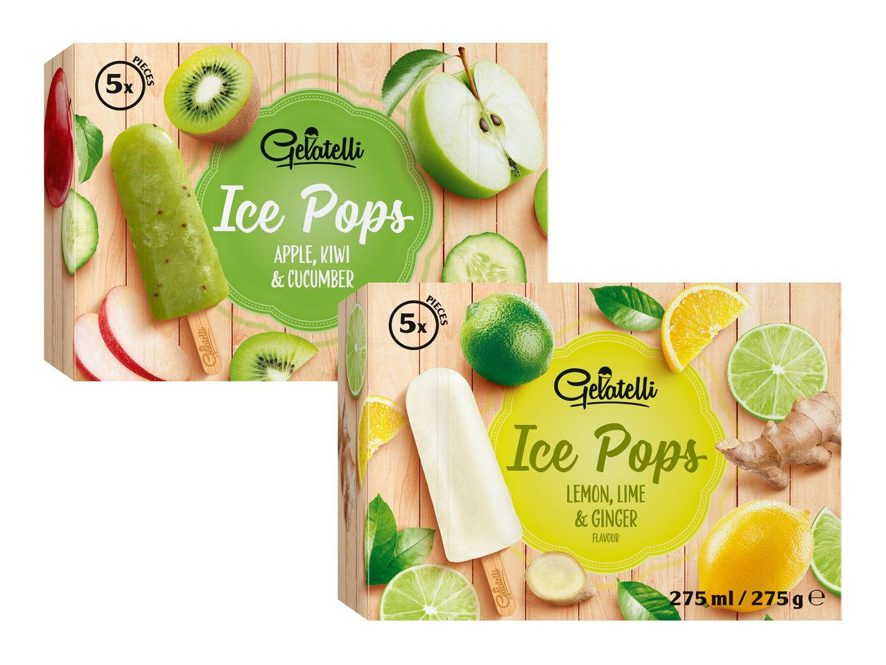 Gelatelli: două ambalaje de înghețată pe bat, cu arome de mere, kiwi, castravete și lămâie, lime, ghimbir.