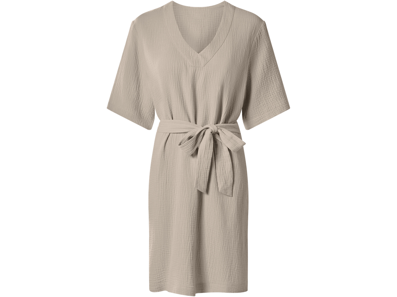 Bézs színű, V-nyakú, rövid ujjú ruha, derékban megkötős övvel.