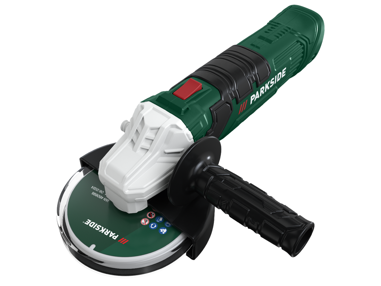 Ъглошлайф в зелено, черно и бяло с предпазен диск и странична дръжка.