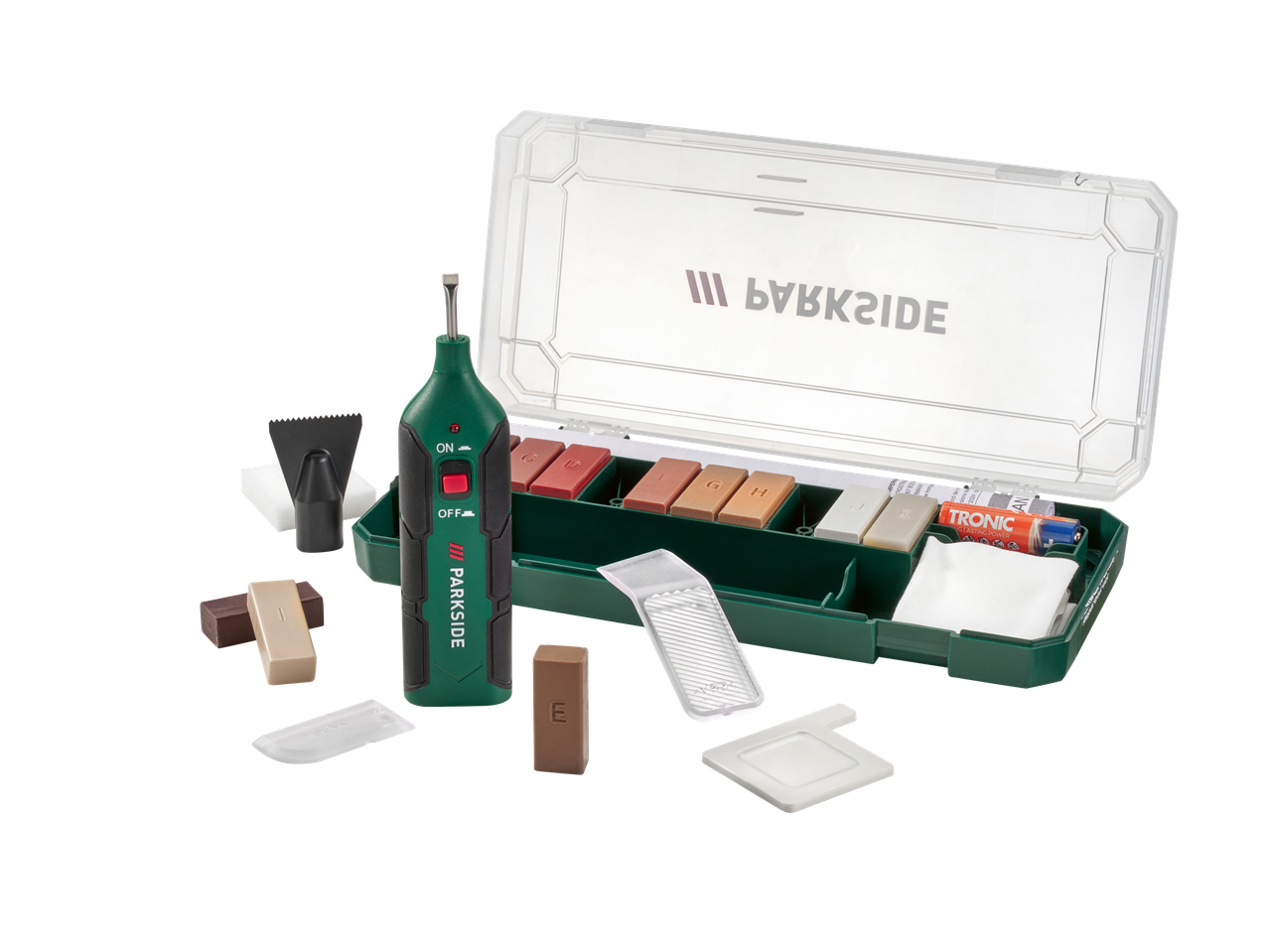 Parkside® Laminat- und Parkett-/Fliesen-Reparaturset mit Schmelzwerkzeug und Wachsstiften in verschiedenen Farben.