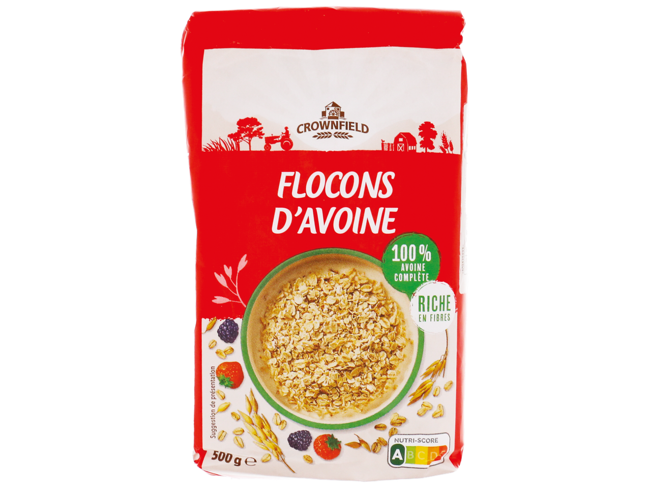 Paquet de flocons d'avoine avec des fruits rouges et des épis de blé, indiquant 100% avoine complète et riche en fibres.