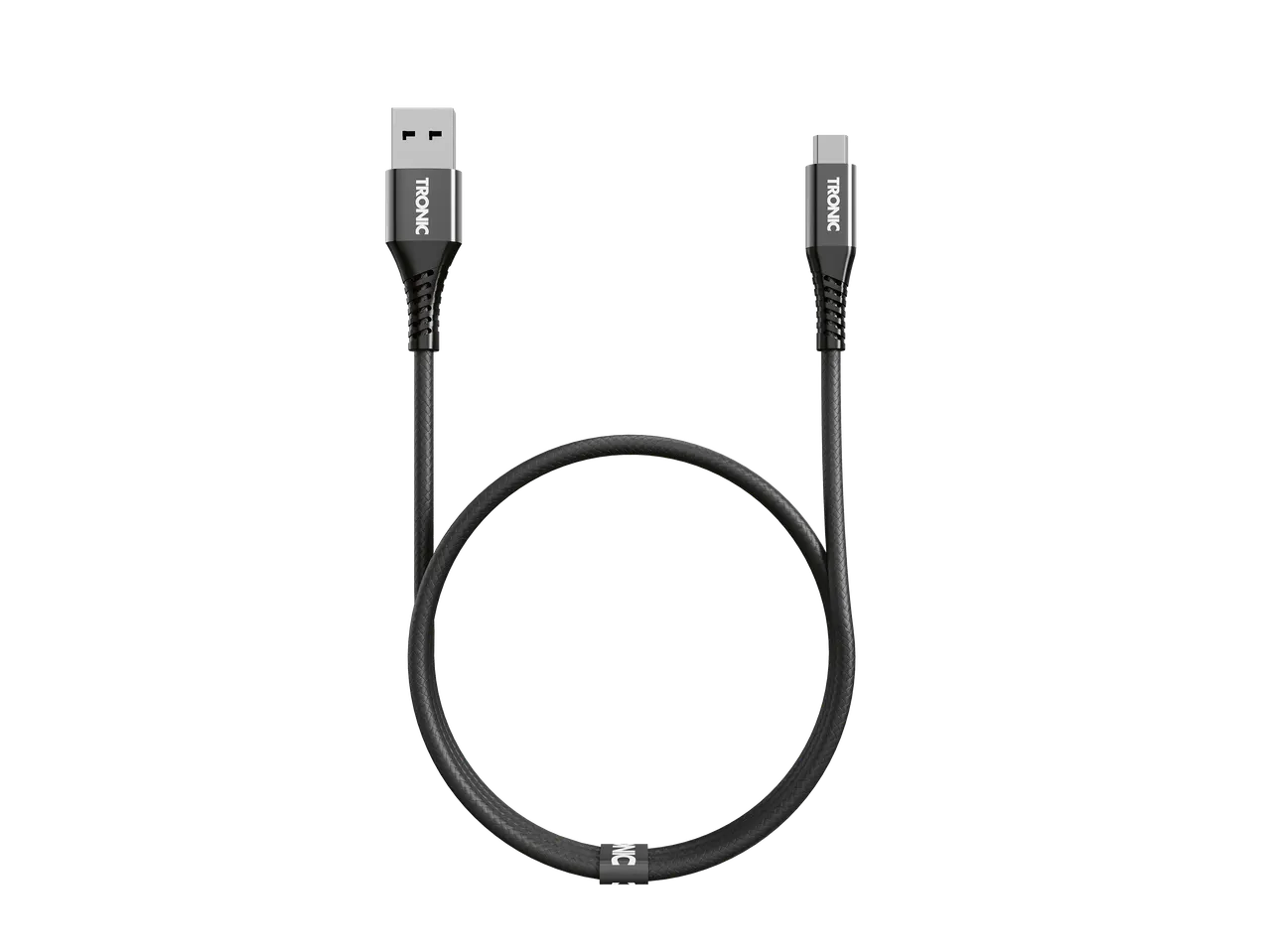 Câble de charge USB-A vers USB-C noir avec un design tressé.