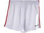 White kids' training shorts with red side stripes and a black logo on the right leg.