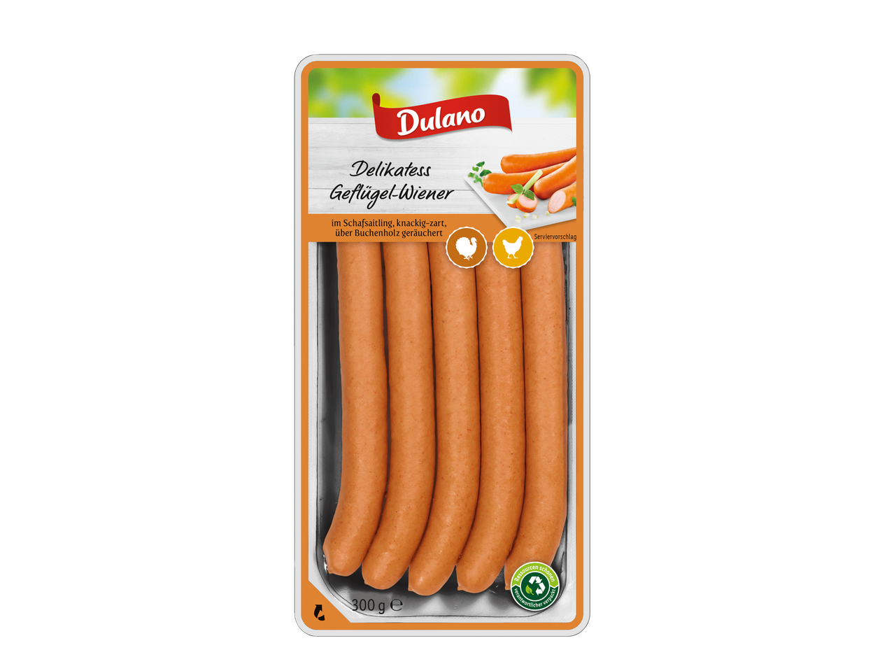 Dulano Geflügel-Wiener im Verpackung.