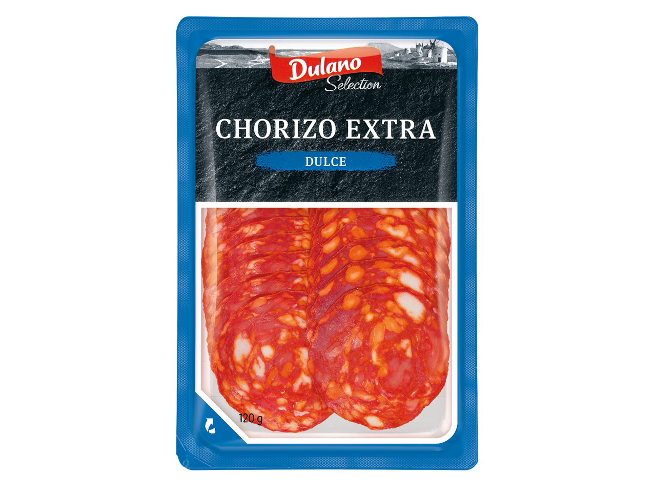 Опаковка с нарязано чоризо, с надпис „CHORIZO EXTRA DULCE“ и тегло 120 g.