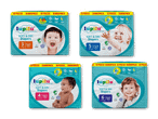 Fire pakker bleer i forskellige størrelser (3, 4, 5, 6) med billeder af glade babyer og produktinformation.