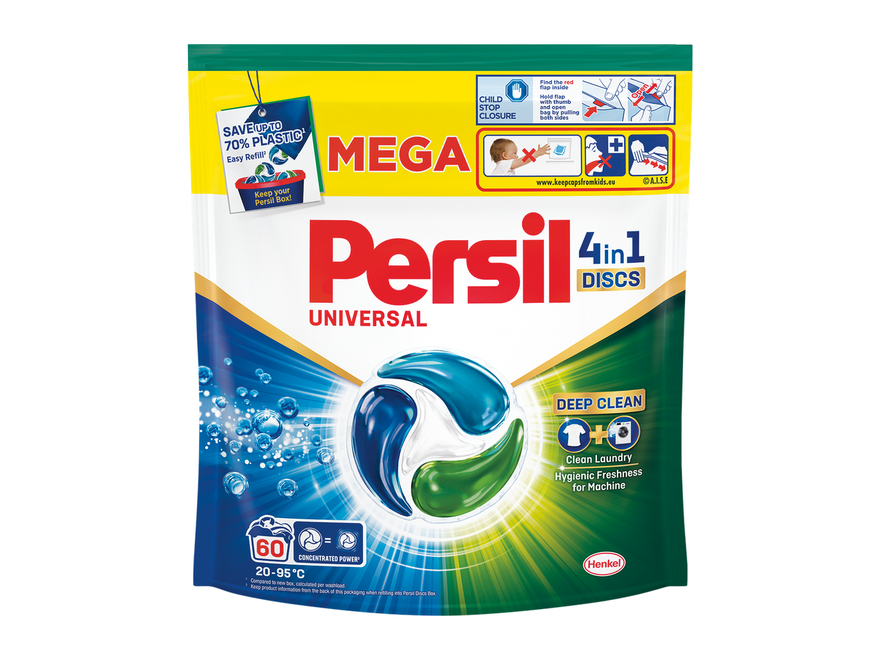 Pachet de reîncărcare pentru capsule de spălat rufe, cu închidere sigură pentru copii și putere concentrată.