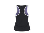 Top desportivo CRIVIT para senhora, preto com alças roxas e orlas brancas.
