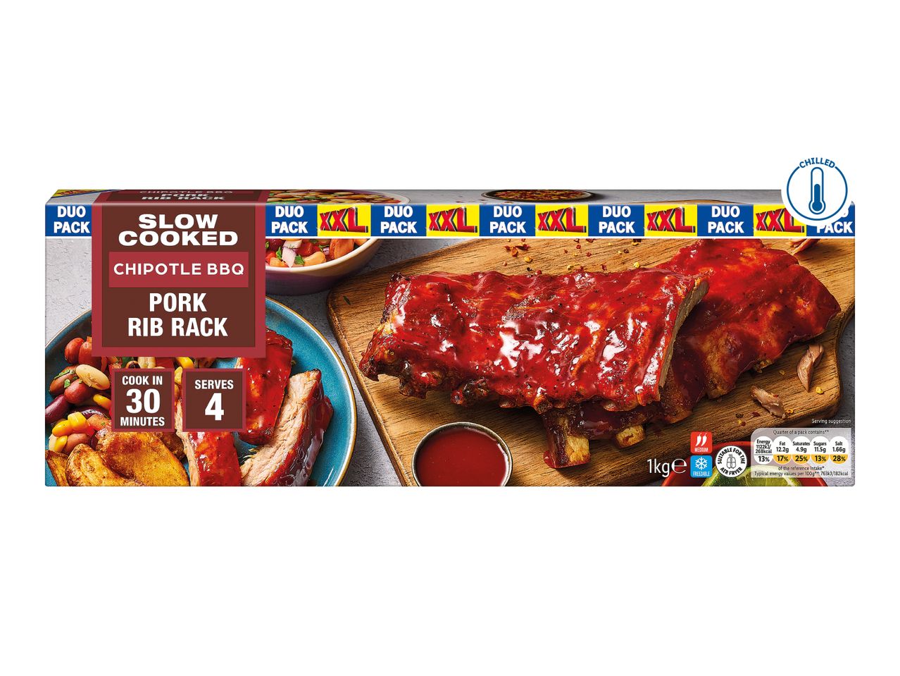 Slow cooked chipotle BBQ pork rib rack, duo pack, XXL, 1kg, serves 4, cooks in 30 minutes.