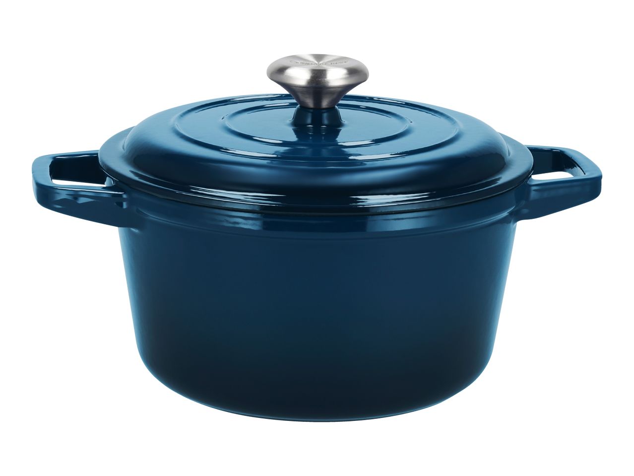 Dark blue cast iron pot with lid and stainless steel knob