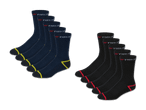 Zwei 7er-Packs Socken: dunkelblau mit gelben und schwarz mit roten Akzenten.