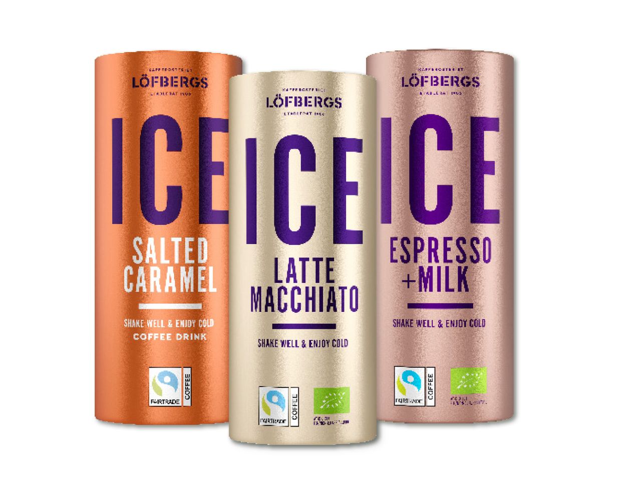 Trīs dažādi 'ICE' zīmola ledus kafijas dzērieni: sāļā karamele, latte macchiato un espresso ar pienu.