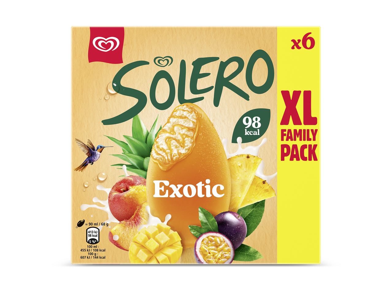 Verpakking met zes exotische ijsjes, 98 kcal per stuk, met ananas, mango, passievrucht en perzik.