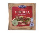 Tortillapakke med fyldte tortillas, der fremhæver 'Super soft medium Tortilla Original' og miljøvenlig emballage.