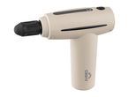 A beige massage gun with a black attachment and control panel, featuring a logo on the handle.