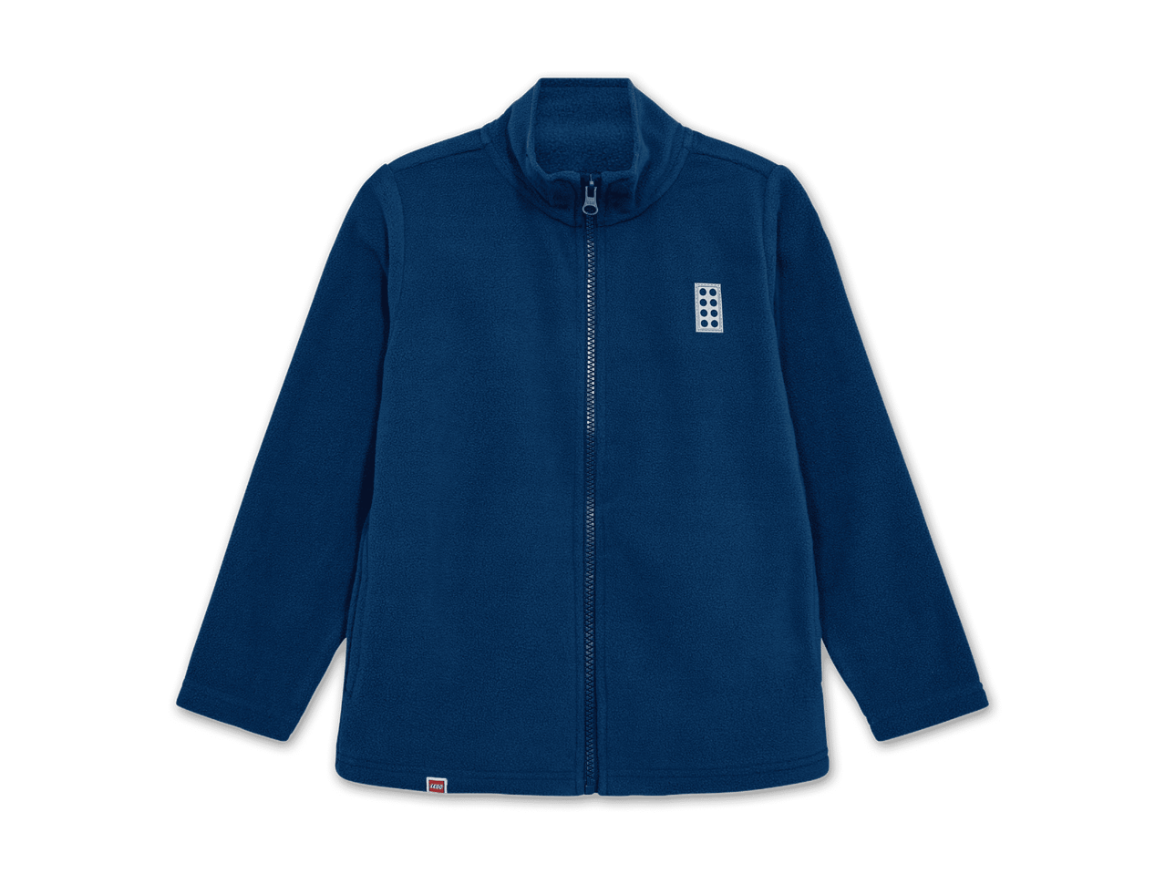 Blaue Fleecejacke für Kinder mit Reißverschluss und Stehkragen.